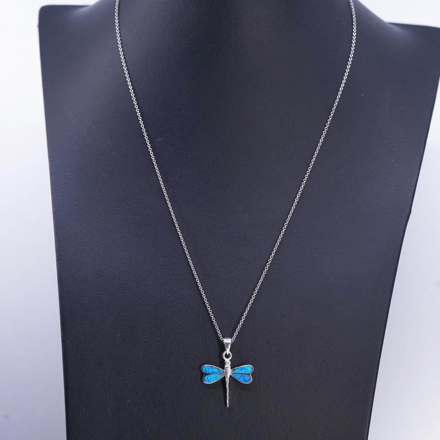18", vintage Sterling 925 silver circle chain necklace opal dragonfly pendant