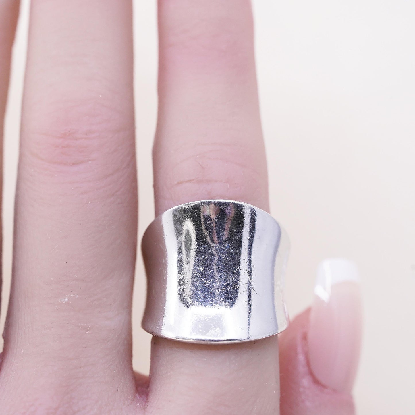 Size 7.5, VTG sterling silver handmade ribbed ring, High polish 925 wide band