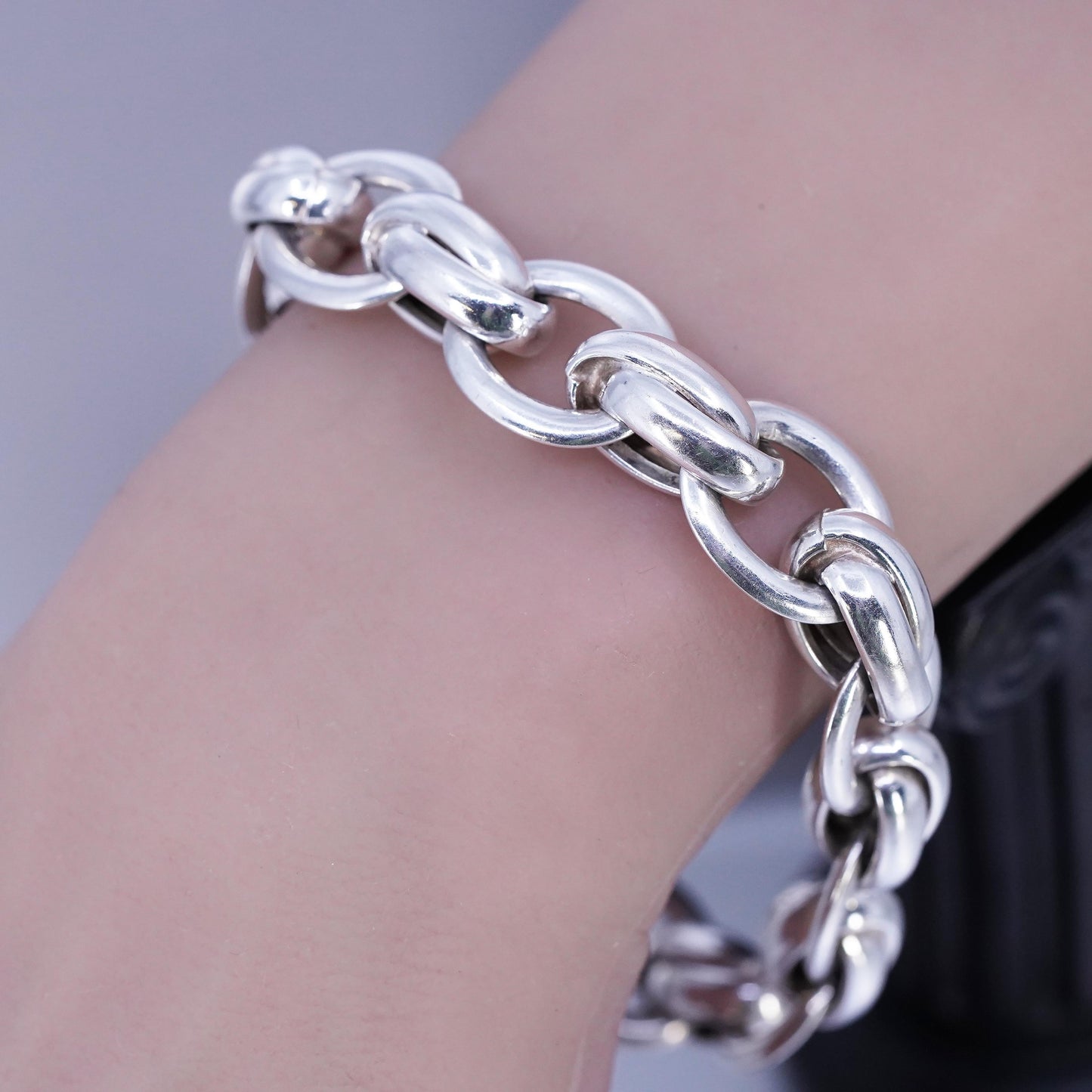7.75", vintage Sterling 925 silver handmade bracelet, bold double oval chain