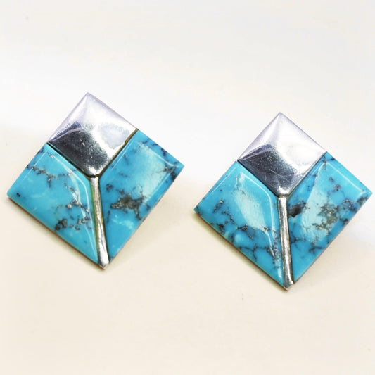 Native American Geometric Sterling silver earrings, 925 square studs turquoise