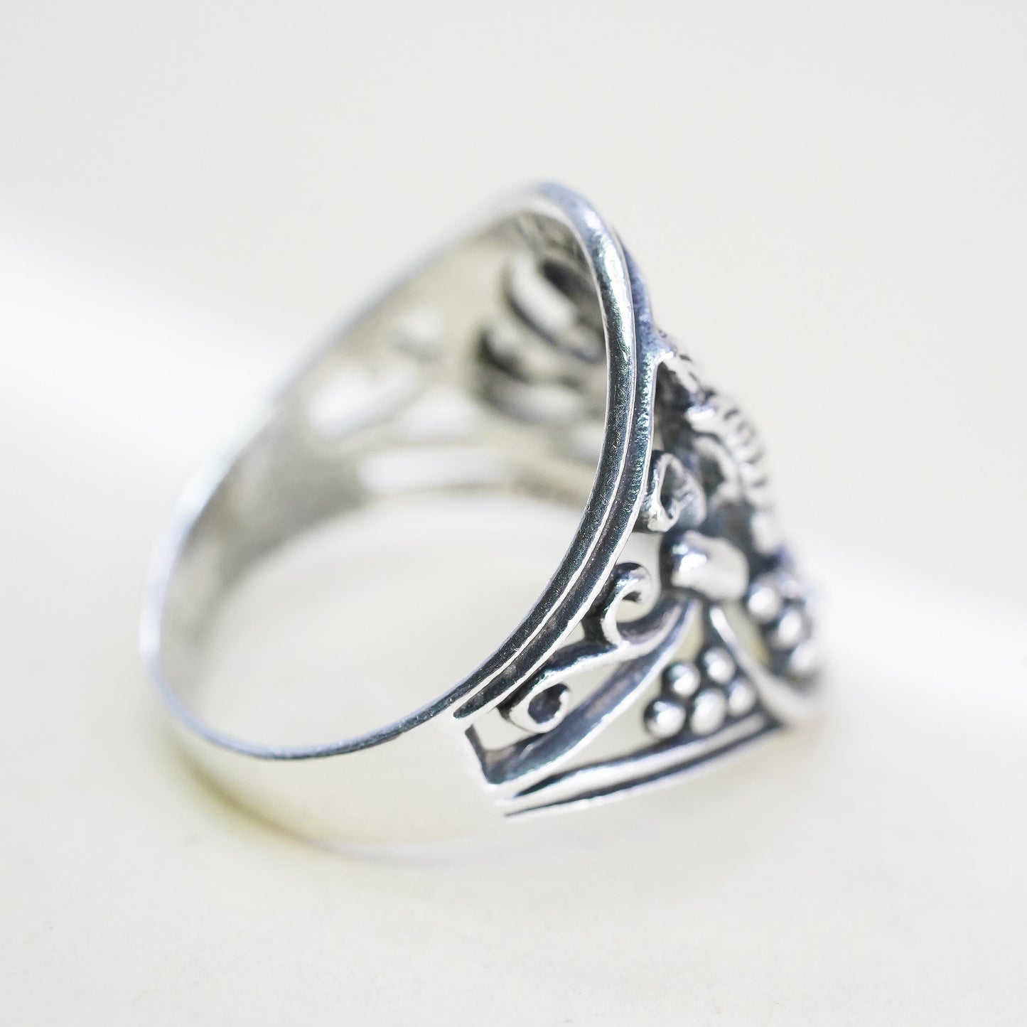 Size 7, VTG sterling silver handmade ring, 925 whirl filigree band bird flower