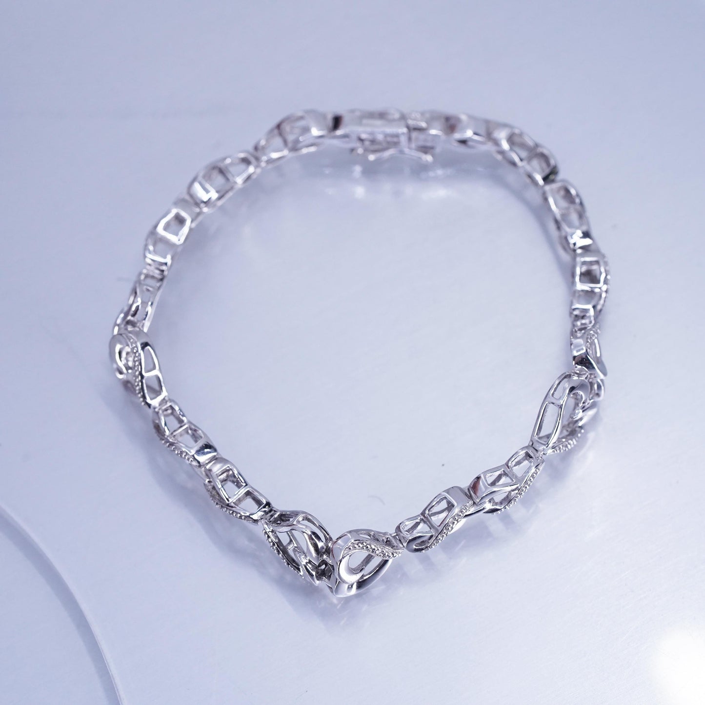 6.75”, Vintage Sterling 925 silver tennis double heart bracelet with diamonds