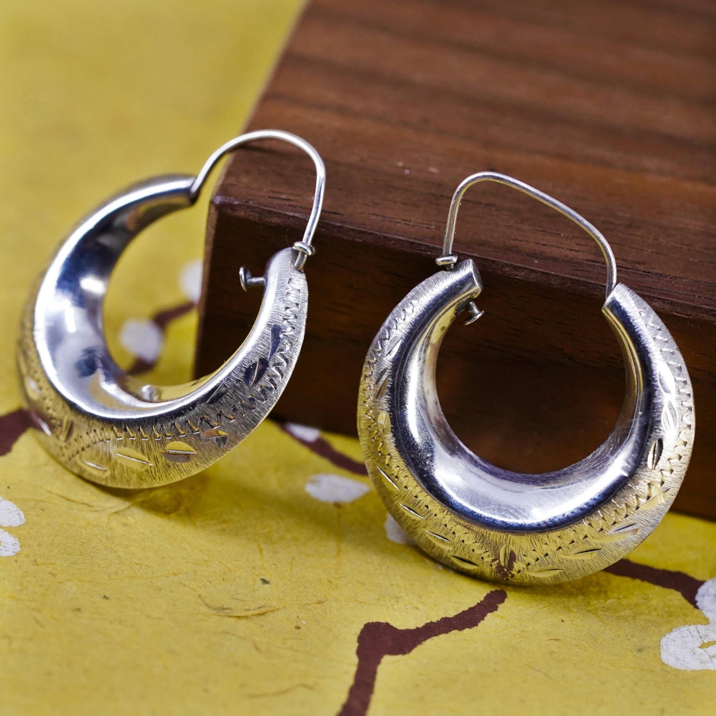 1.25", Vintage Sterling silver handmade hoop earrings, 925 textured edgy huggie