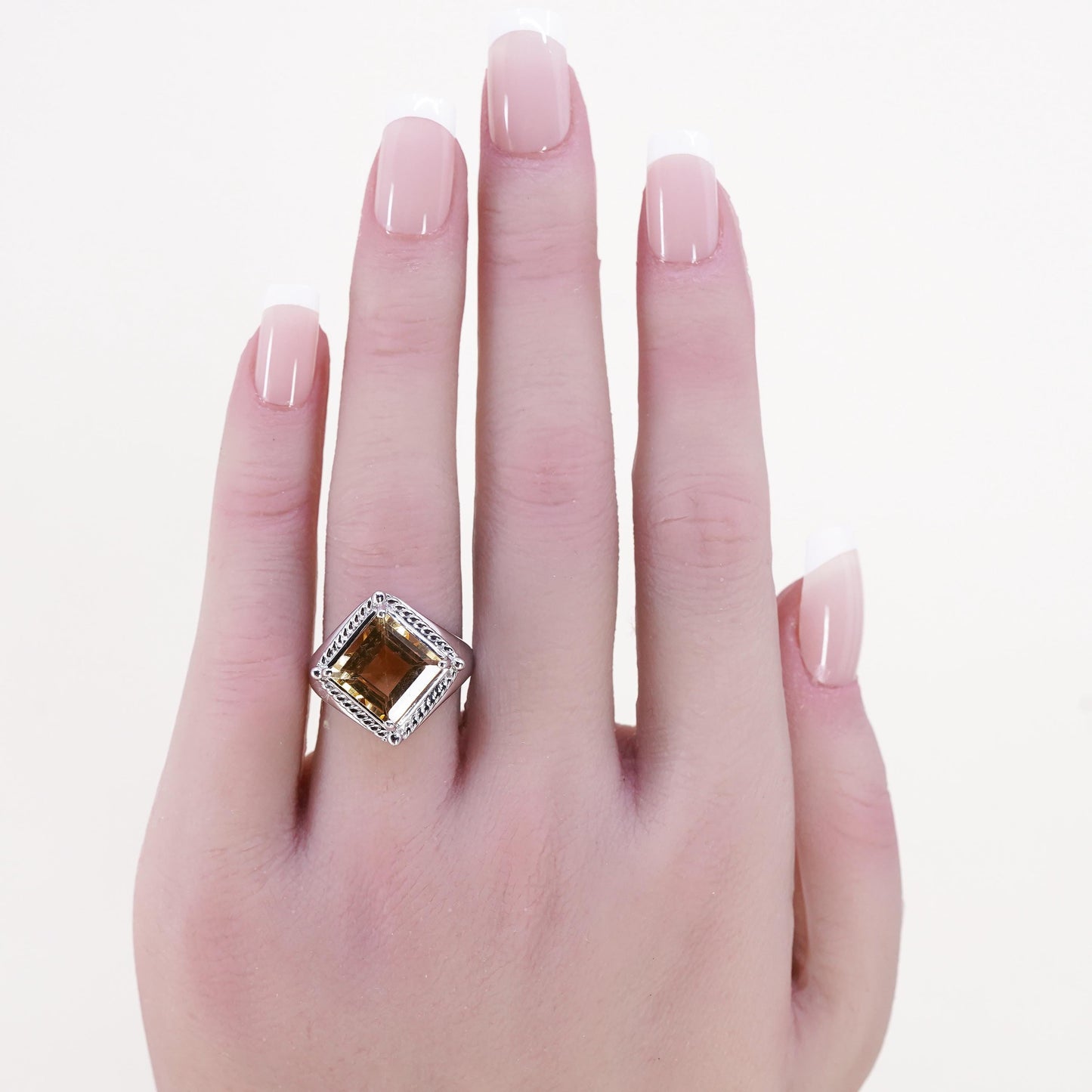 Size 7.25, vintage Sterling 925 silver handmade statement ring square citrine