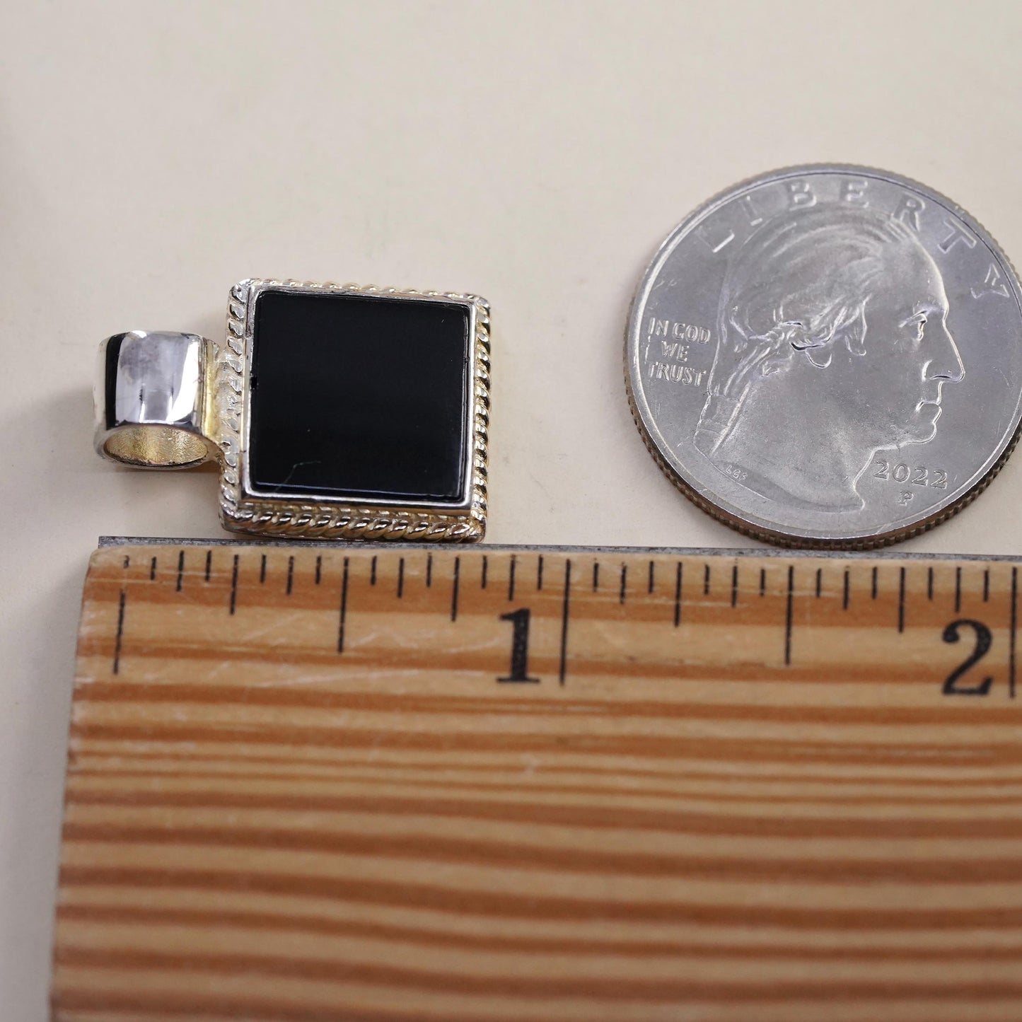 vintage handmade sterling 925 silver square pendant with black onyx