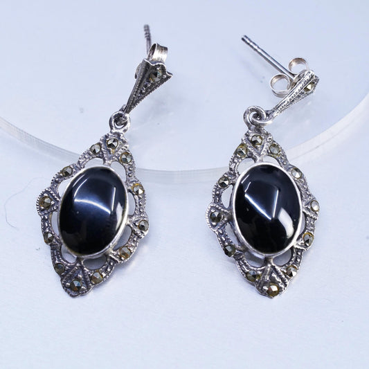 Vintage Sterling 925 silver handmade earrings with black onyx and marcasite