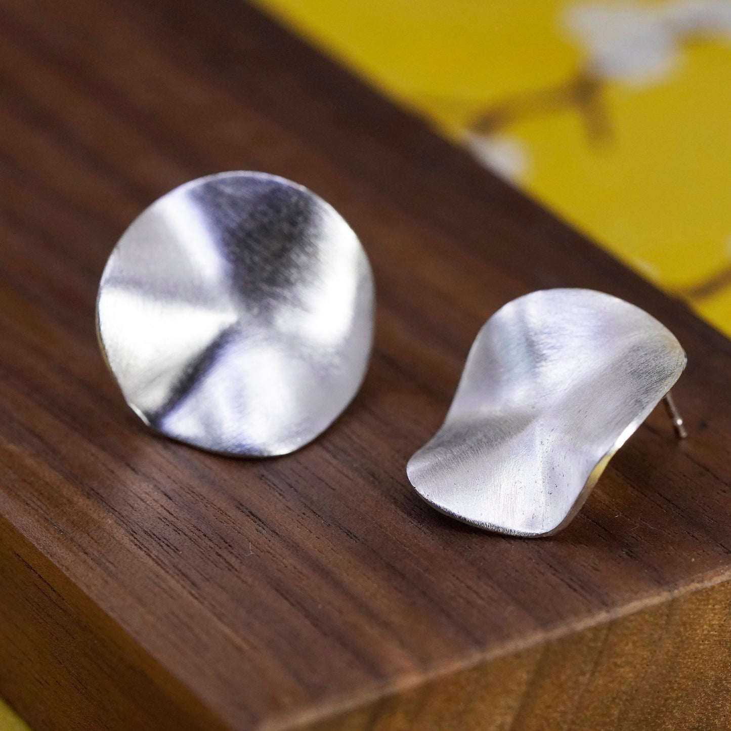 Vintage Sterling silver handmade matte earrings, elegant 925 wavy studs