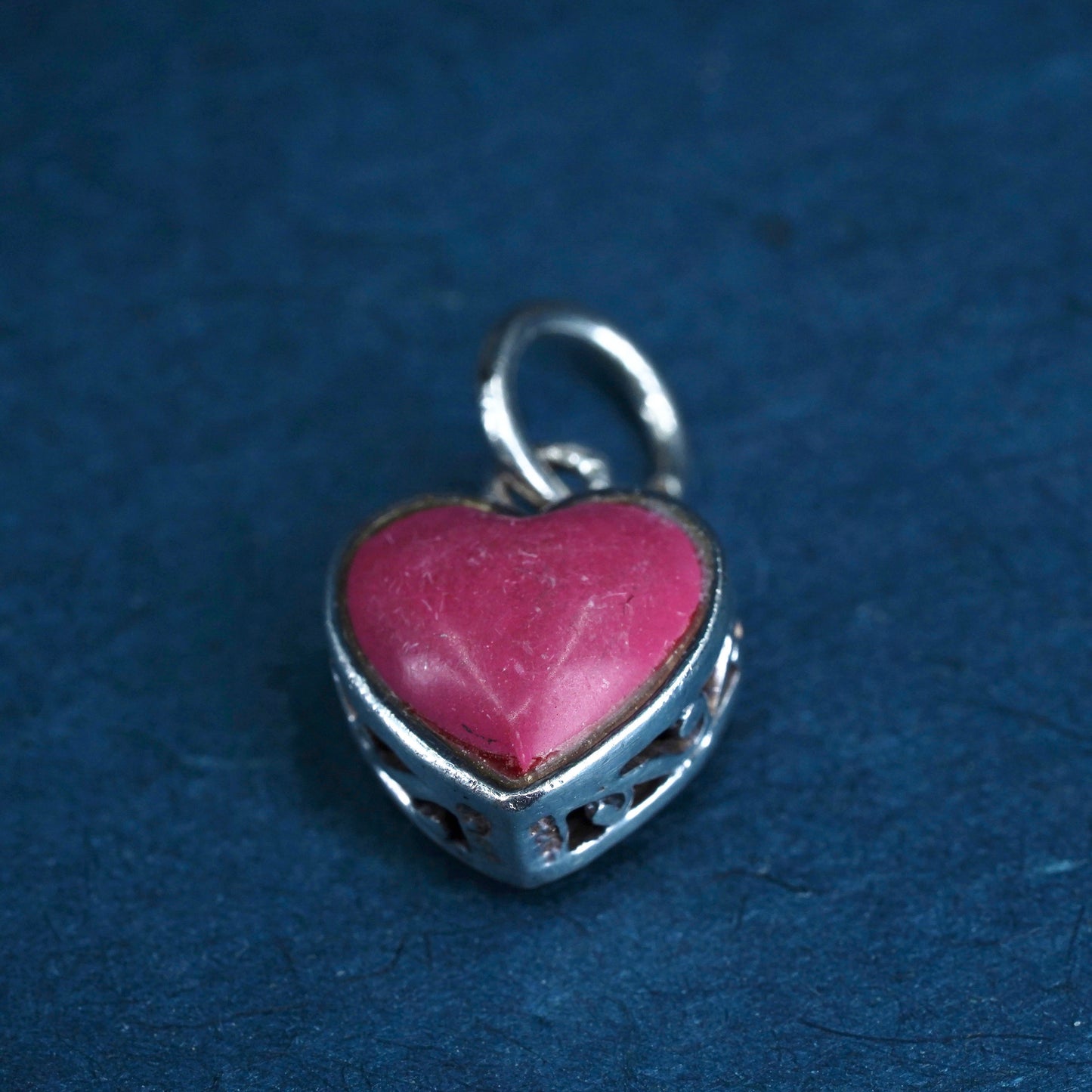 Vintage sterling silver handmade pendant, 925 heart with pink jasper inlay