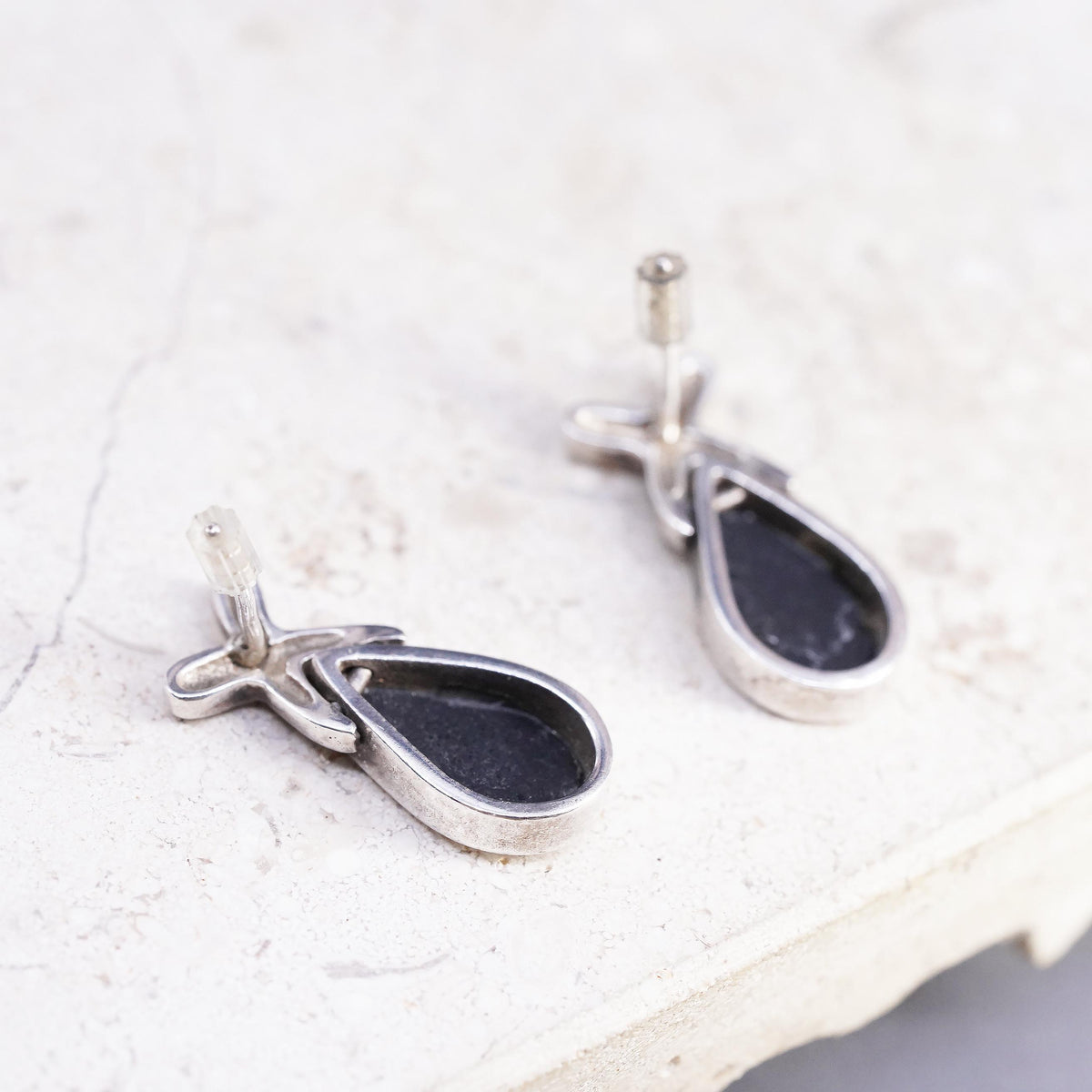 Vintage sterling silver handmade earrings, 925 silver Teardrop studs onyx inlay