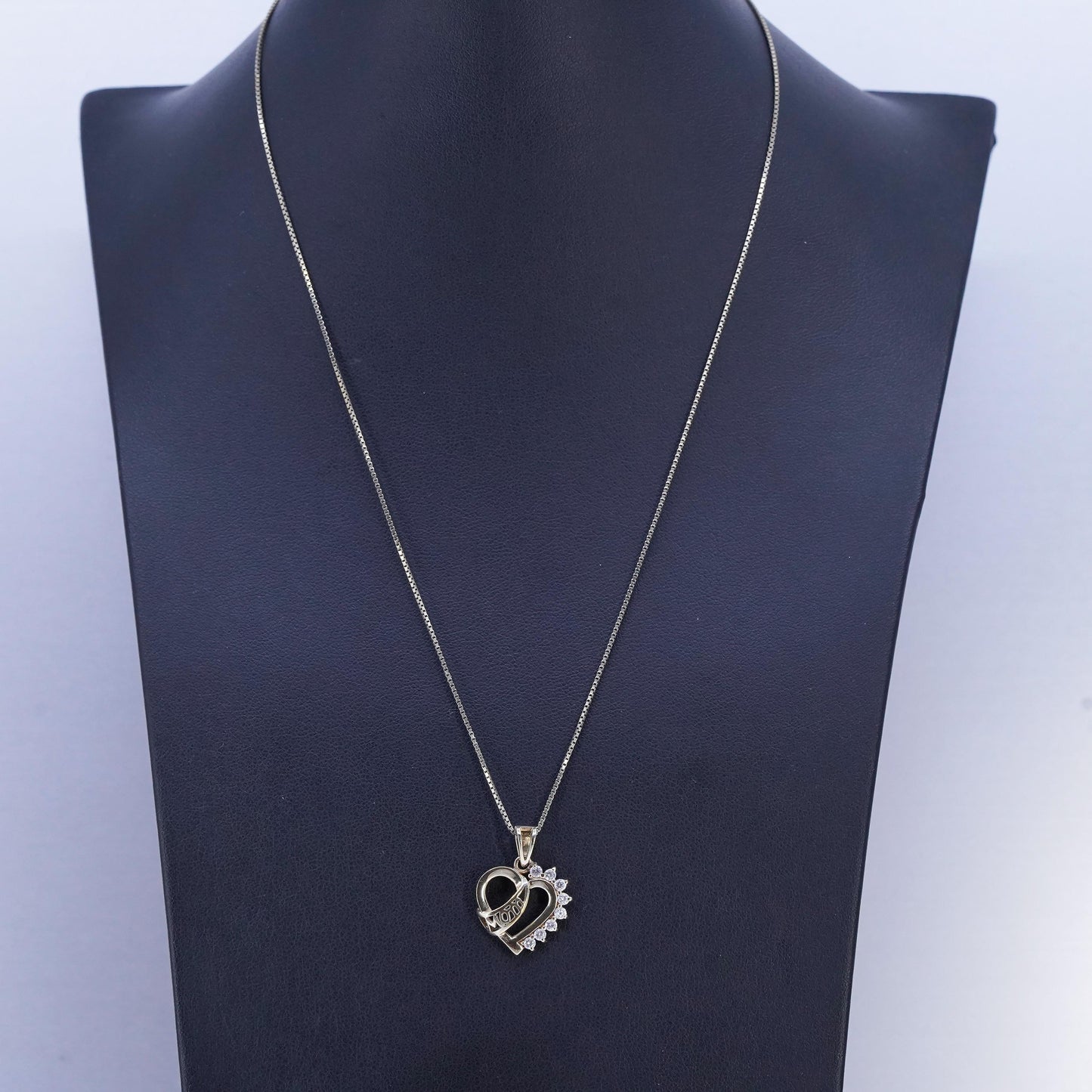 18", gold plated Sterling 925 silver box necklace cz heart pendant mom cutout
