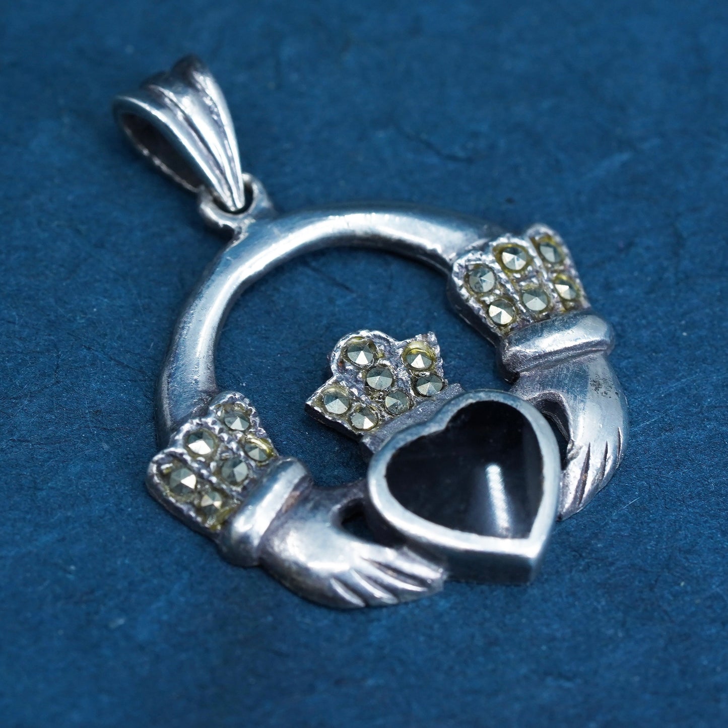 Sterling silver pendant onyx marcasite, 925 Irish claddagh holding heart charm