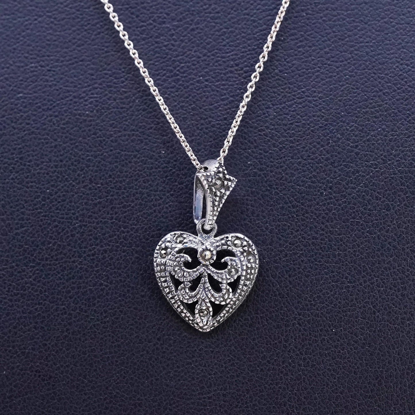 18" Sterling silver handmade necklace, 925 circle chain marcasite heart pendant