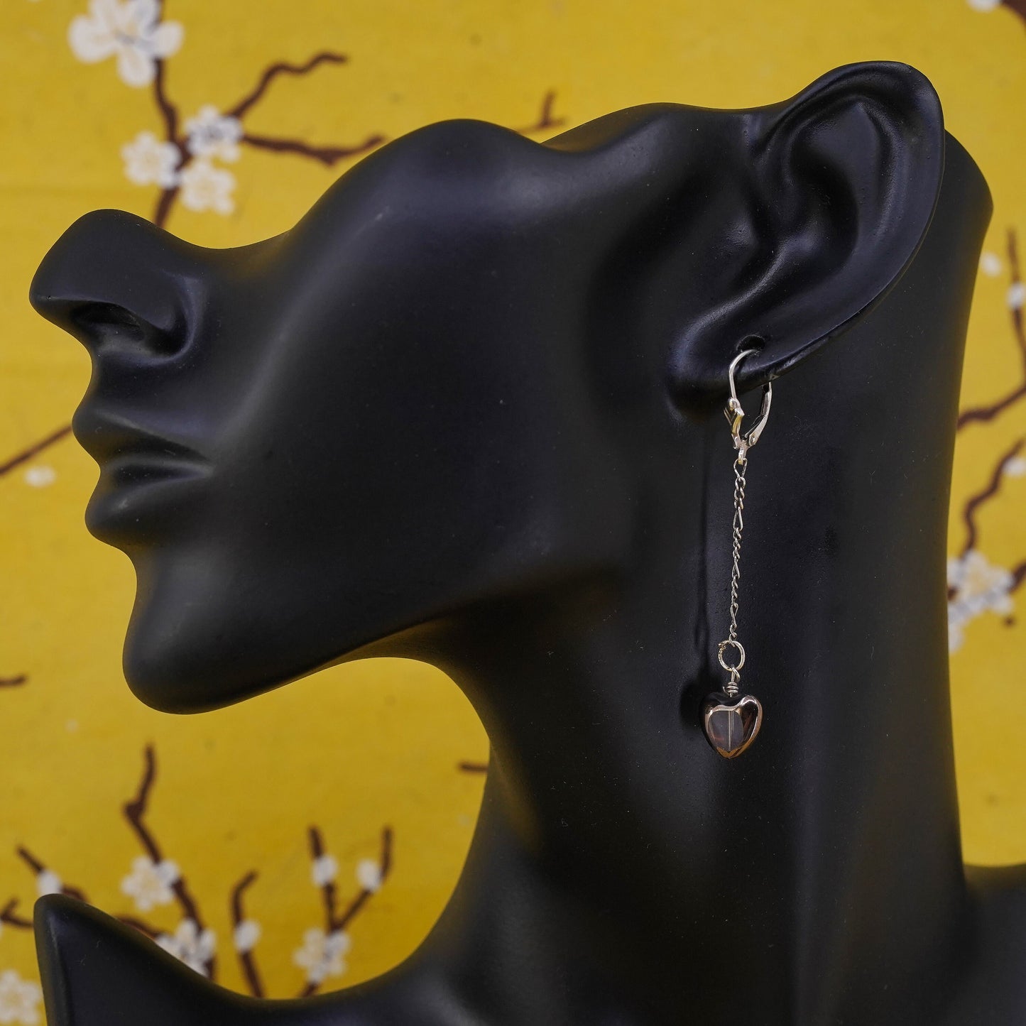 vintage handmade sterling silver earrings, 925 long dangles with glass heart