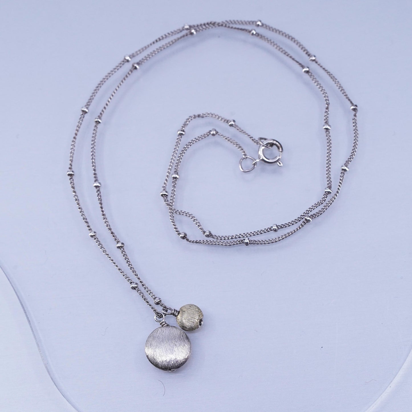 18”, VTG Sterling 925 silver curb beads chain necklace with two tone pendant
