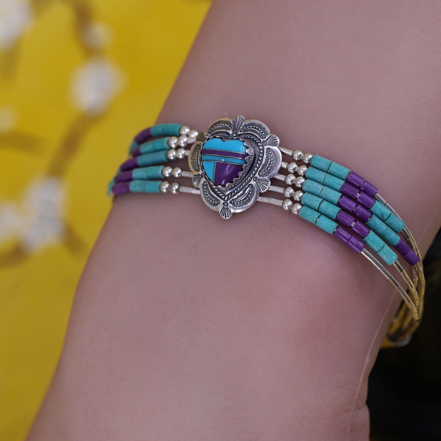 6.75”, 925 bracelet, 5 multi strands liquid Silver chain with turquoise heart