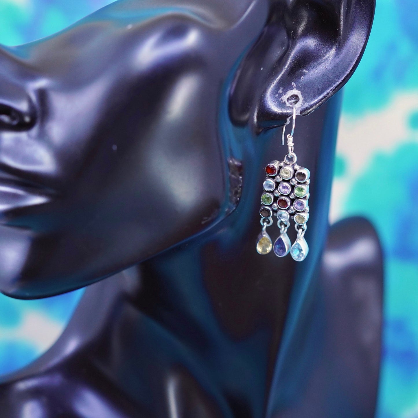 sterling silver 925 earrings w/ cluster amethyst peridot citrine ruby crystal,