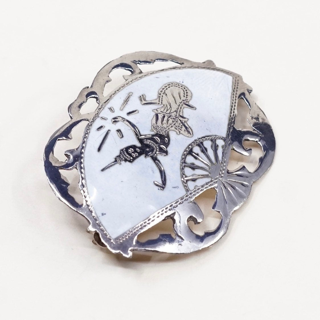 Vintage sterling silver handmade brooch, Indian 925 silver goddess, stamped Siam sterling
