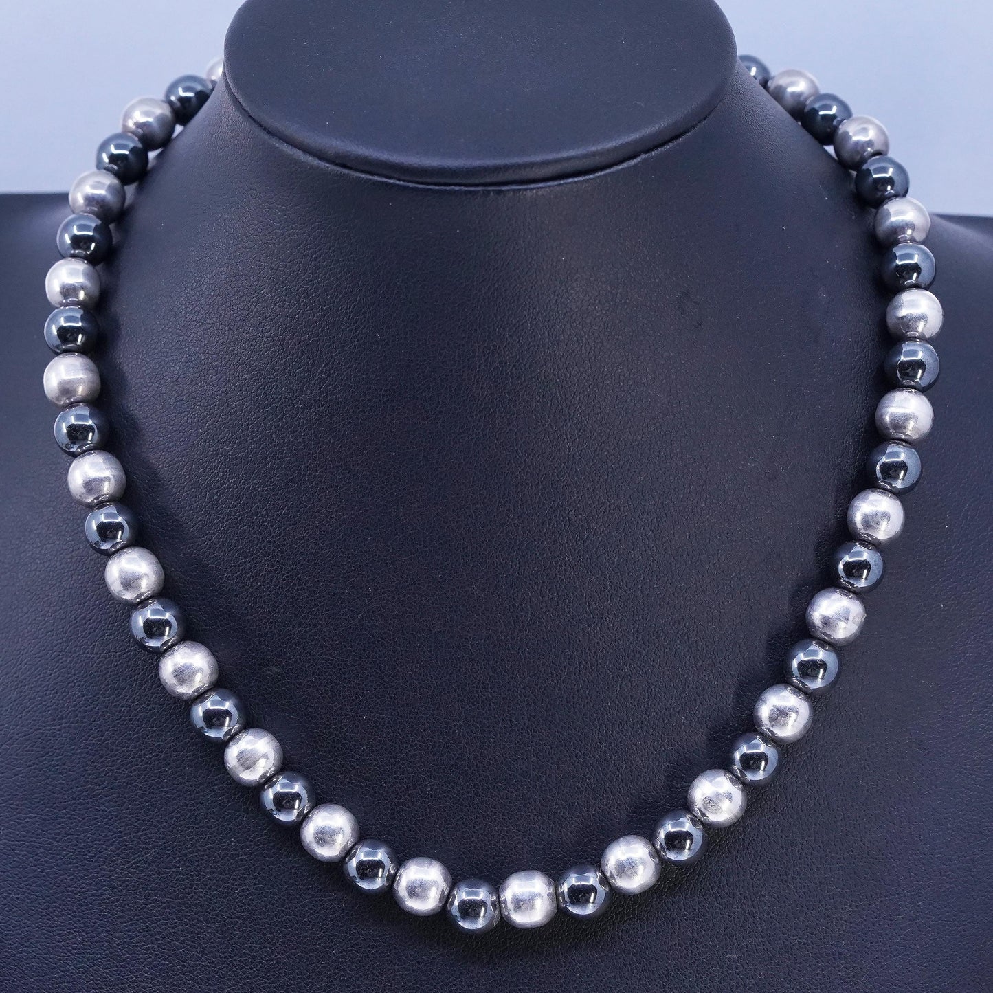16" 8mm, Vintage Sterling 925 silver handmade necklace with hematite beads