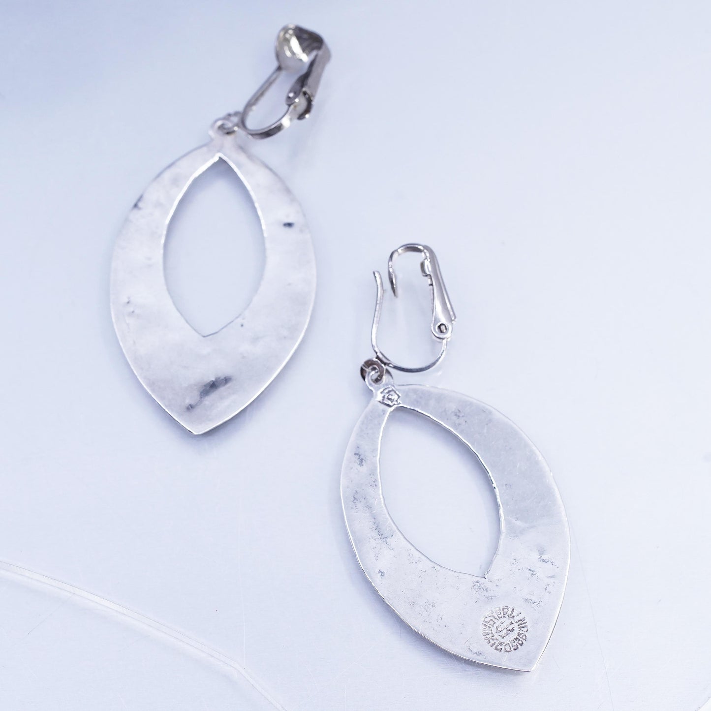 Vintage Mexican Sterling 925 silver earrings, leaf dangles clip on with abalone