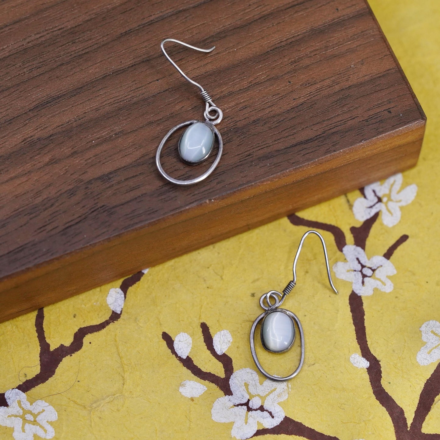 Vintage Sterling 925 silver handmade earrings with white cat's eye drops