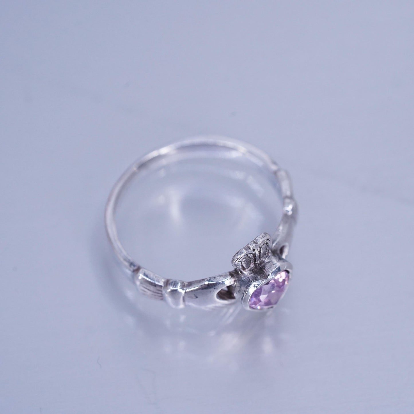 SZ 7.25, Irish Claddagh friendship Sterling 925 silver ring, pink crystal heart