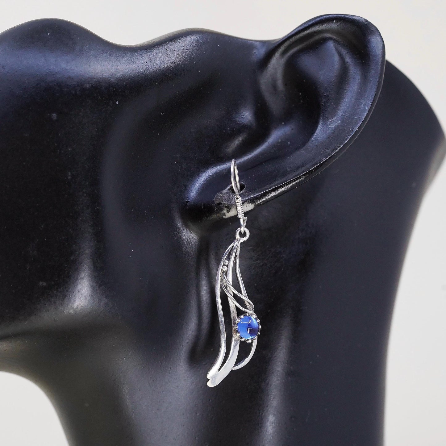 Vintage Sterling silver handmade earrings, 925 wavy drops with blue glass
