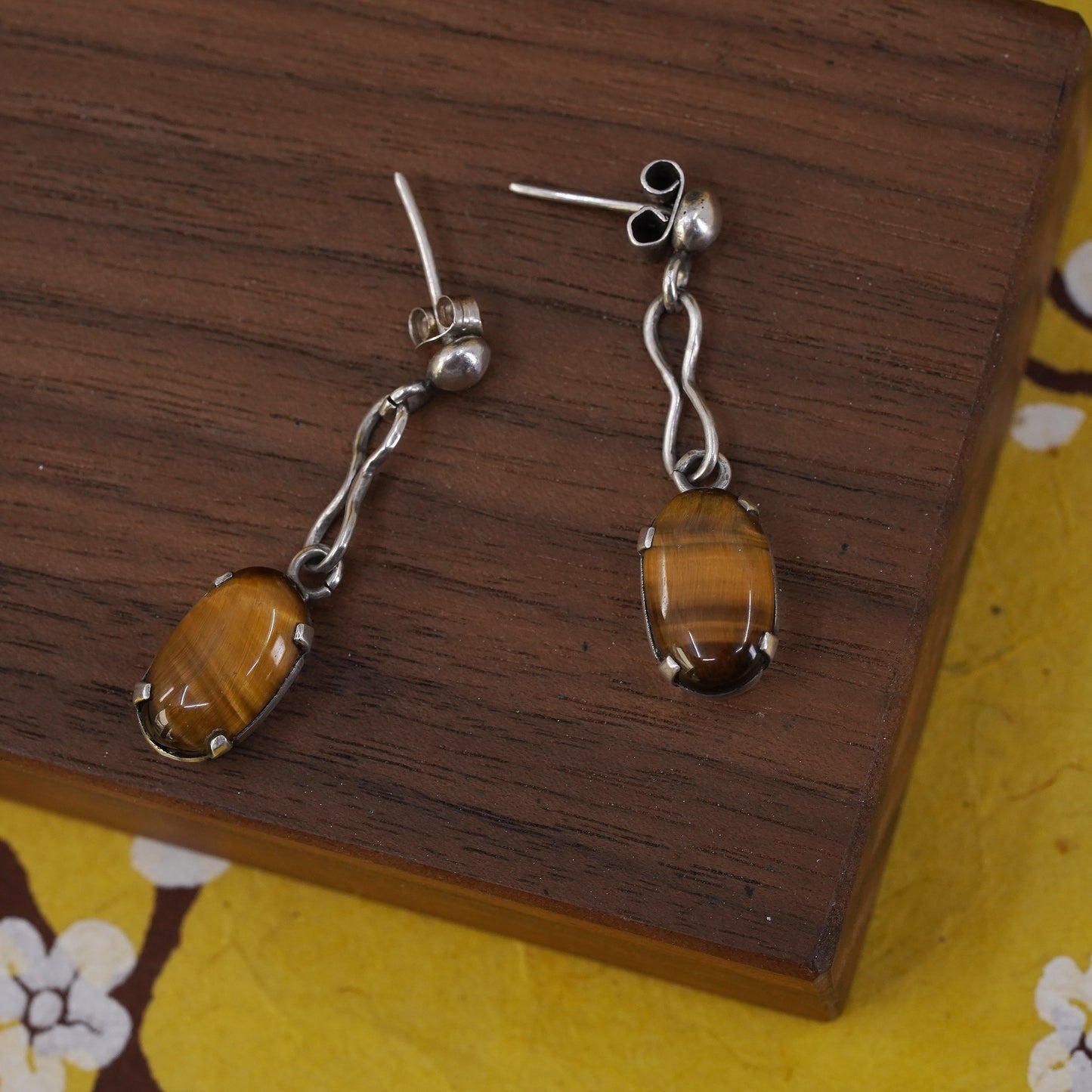 Vintage Sterling 925 silver handmade earrings with golden tiger eye beads