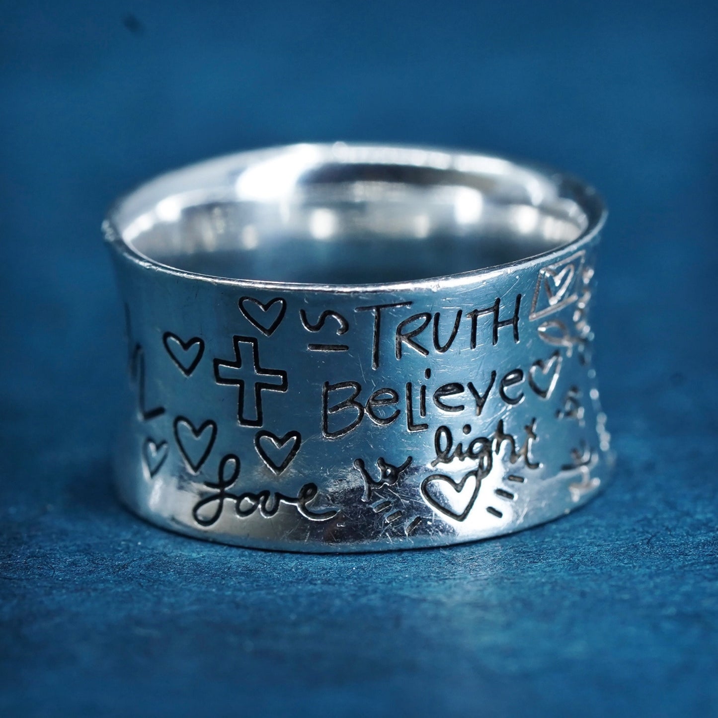 Size 7, Sterling silver prayer ring, 925 band "faith hope love truth believe"