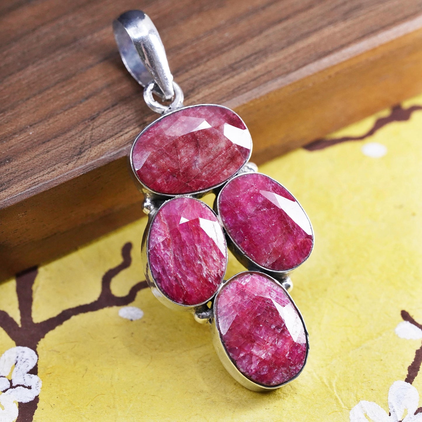 Vintage Sterling 925 silver handmade pendant with oval red Indian ruby stone