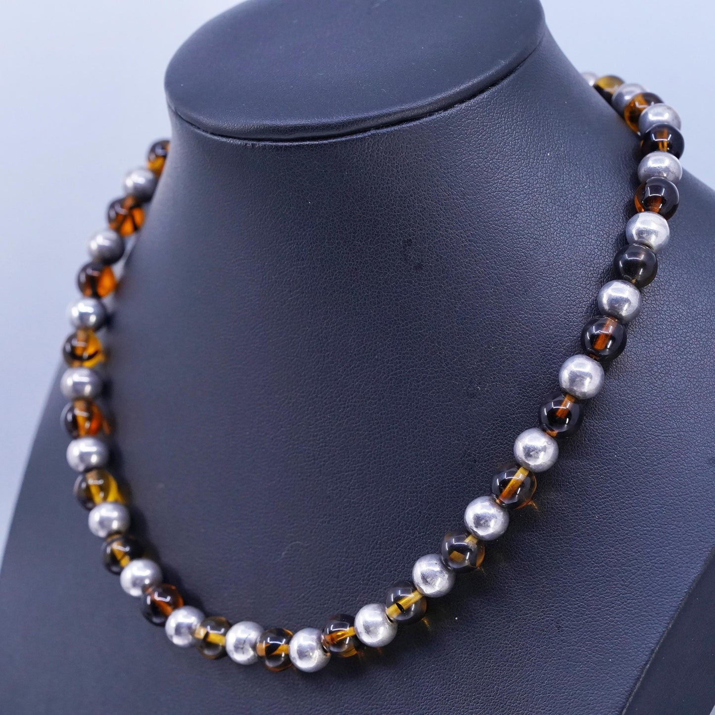 16" 8mm, Vintage Sterling 925 silver necklace with amber beads toggle closure