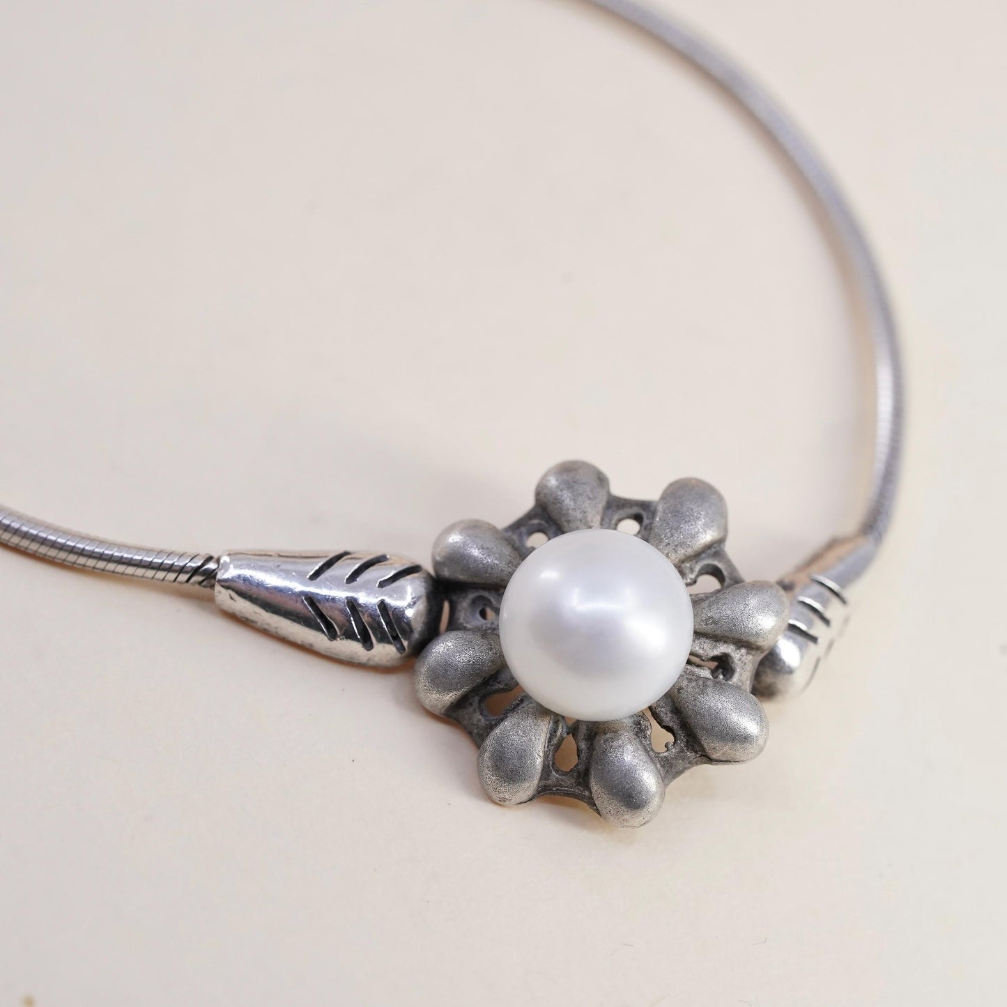 6.75”, Antigua Sterling silver bracelet, Mexican 925 snake chain pearl flower