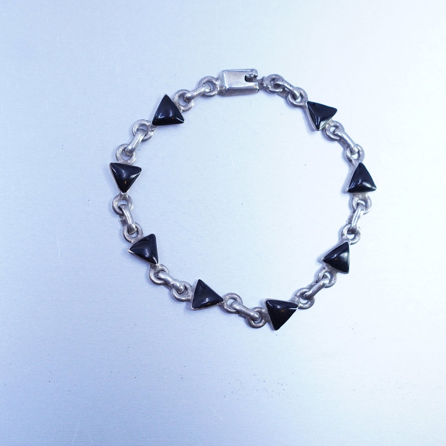 7”, mexico sterling 925 silver handmade bracelet with triangular black onyx