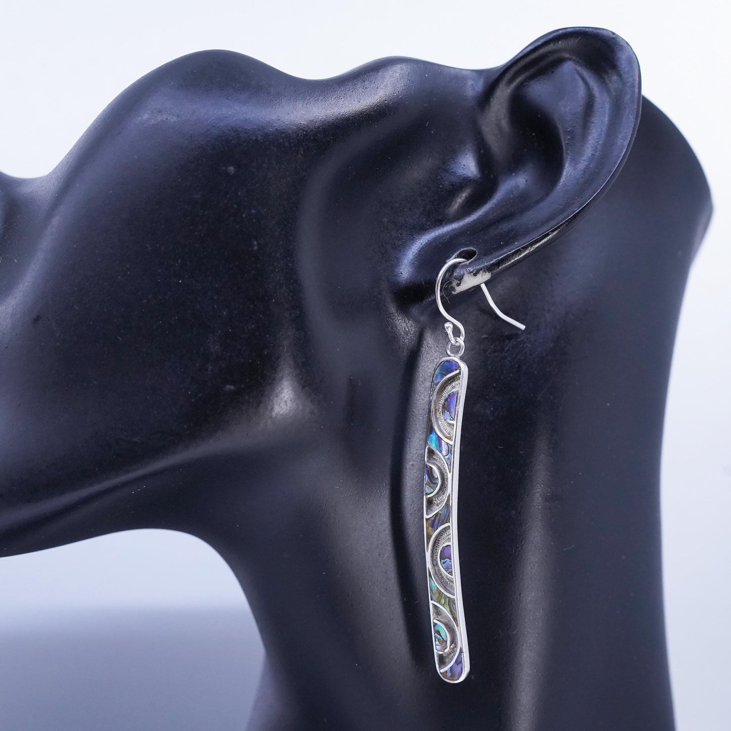 3” drop, Vintage Sterling 925 silver handmade long earrings with abalone inlay