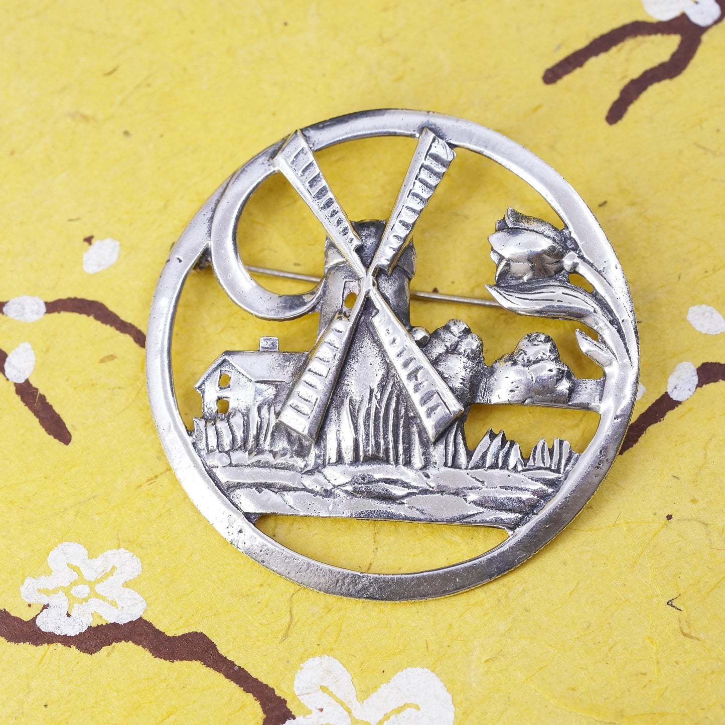 VTG Holland handmade sterling 925 silver tulip flower windmill circle brooch