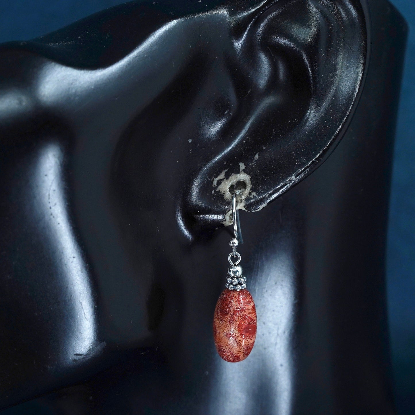 Sterling silver handmade earrings, 925 hooks with natural red coral dangles