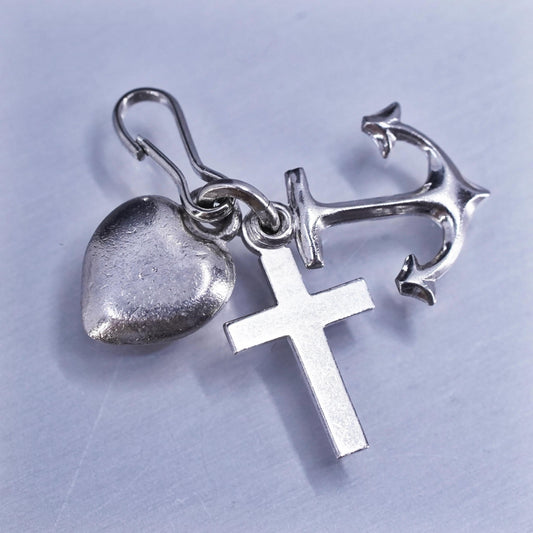 Vintage sterling 925 silver heart cross anchor charm pendant, stamped 925