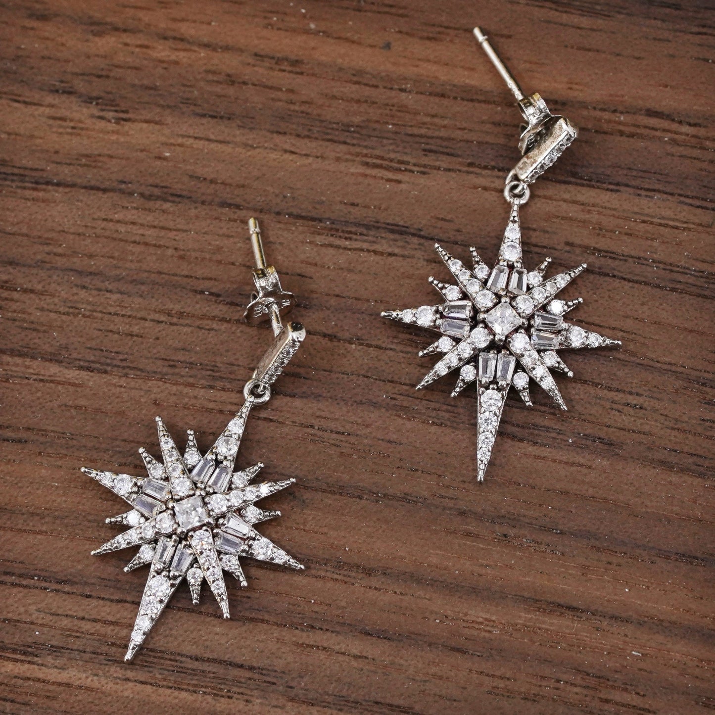 Vintage Sterling silver handmade earrings, 925 snowflake drops with cluster cz