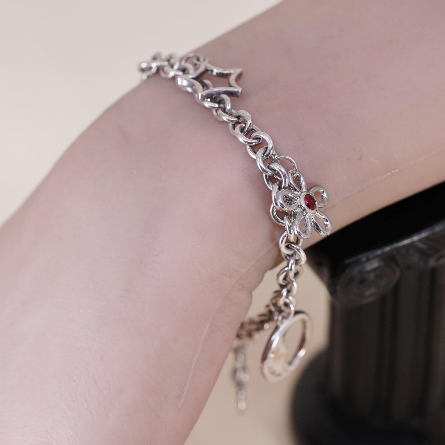 6.75”, Vintage sterling 925 silver circle bracelet with flower moon star charms