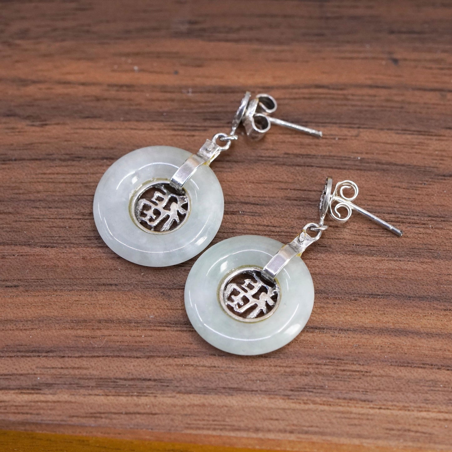 Vintage Sterling 925 silver handmade blessing earrings with jade