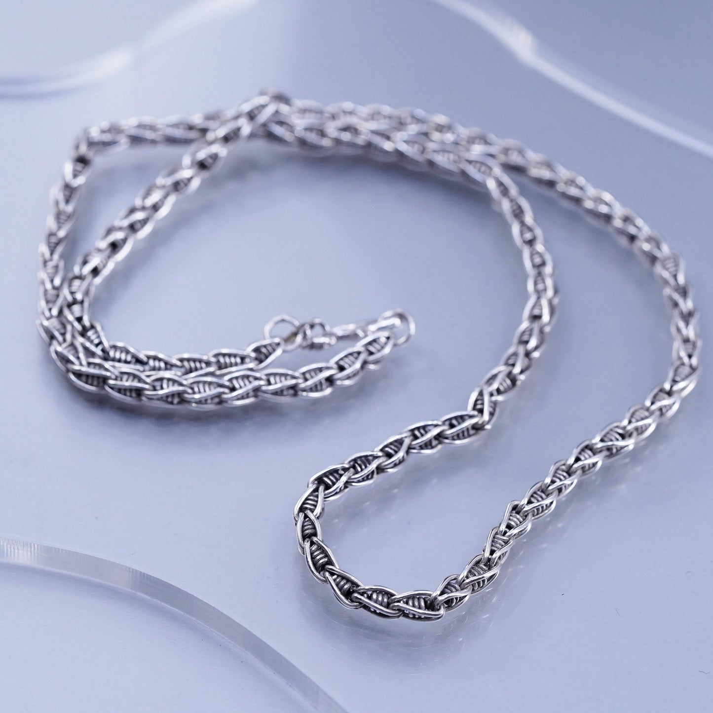 20” 4mm, vintage Sterling 925 silver bold rope chain necklace with flower clasp