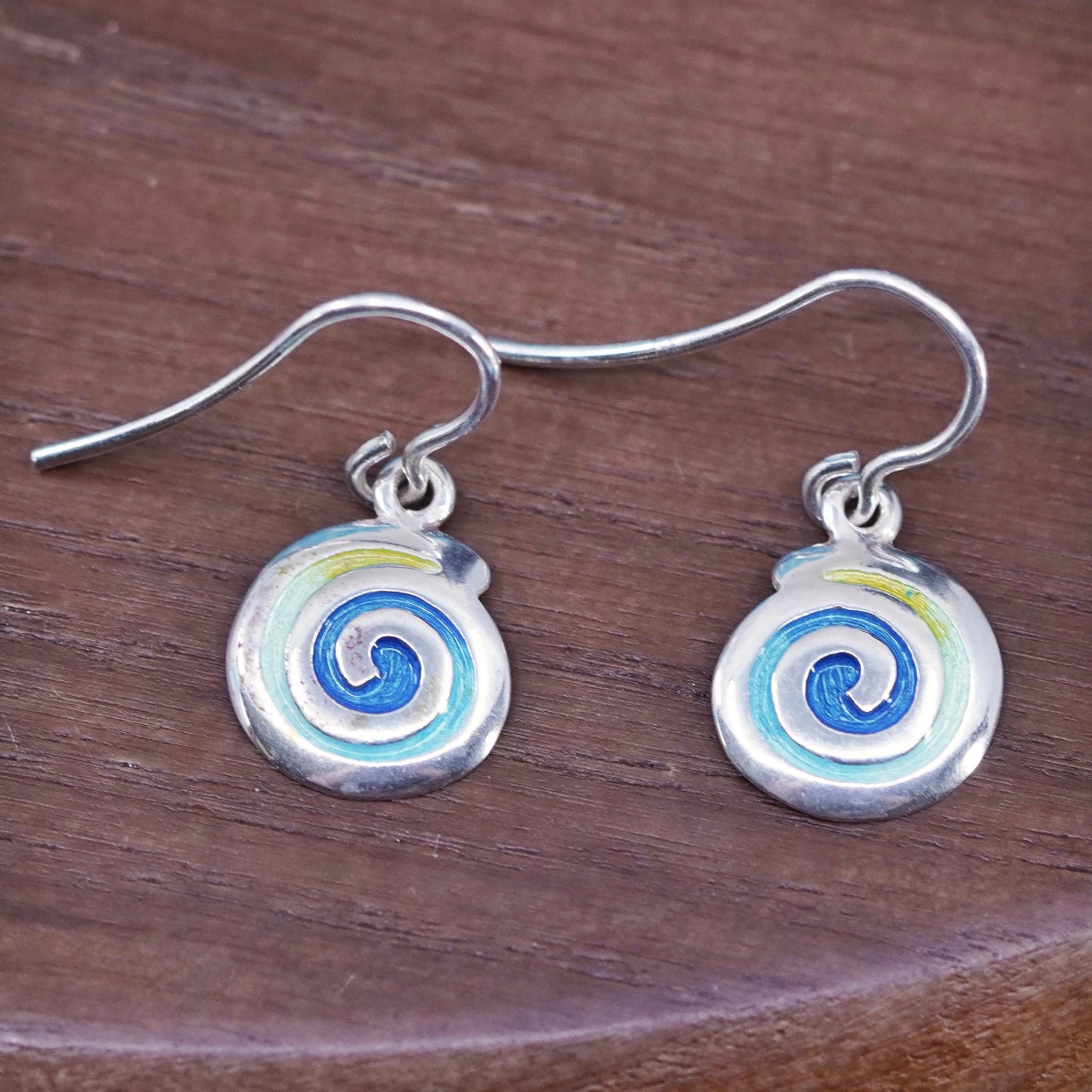 Vintage Sterling 925 silver handmade tag earrings with swirly dangle
