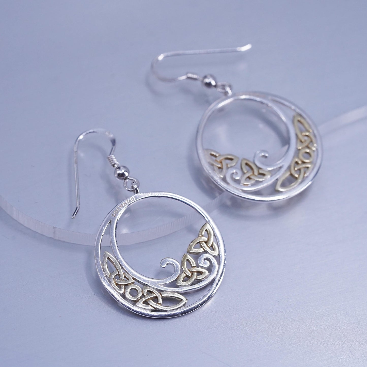Irish Solvar two tone Sterling 925 silver filigree Celtic knot circle earrings