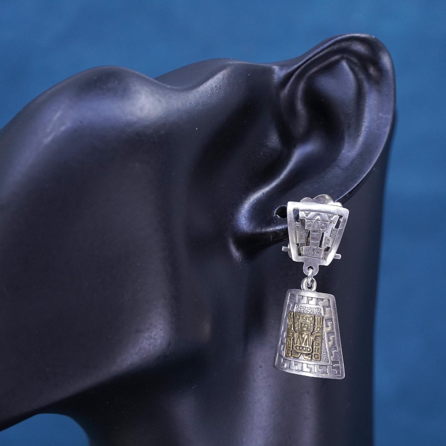 Vintage two tone Peru Sterling silver handmade earrings, 925 clip on Inca gods