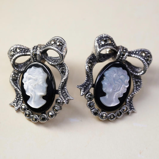 Vintage Sterling 925 silver studs earrings mother of pearl cameo lady marcasite