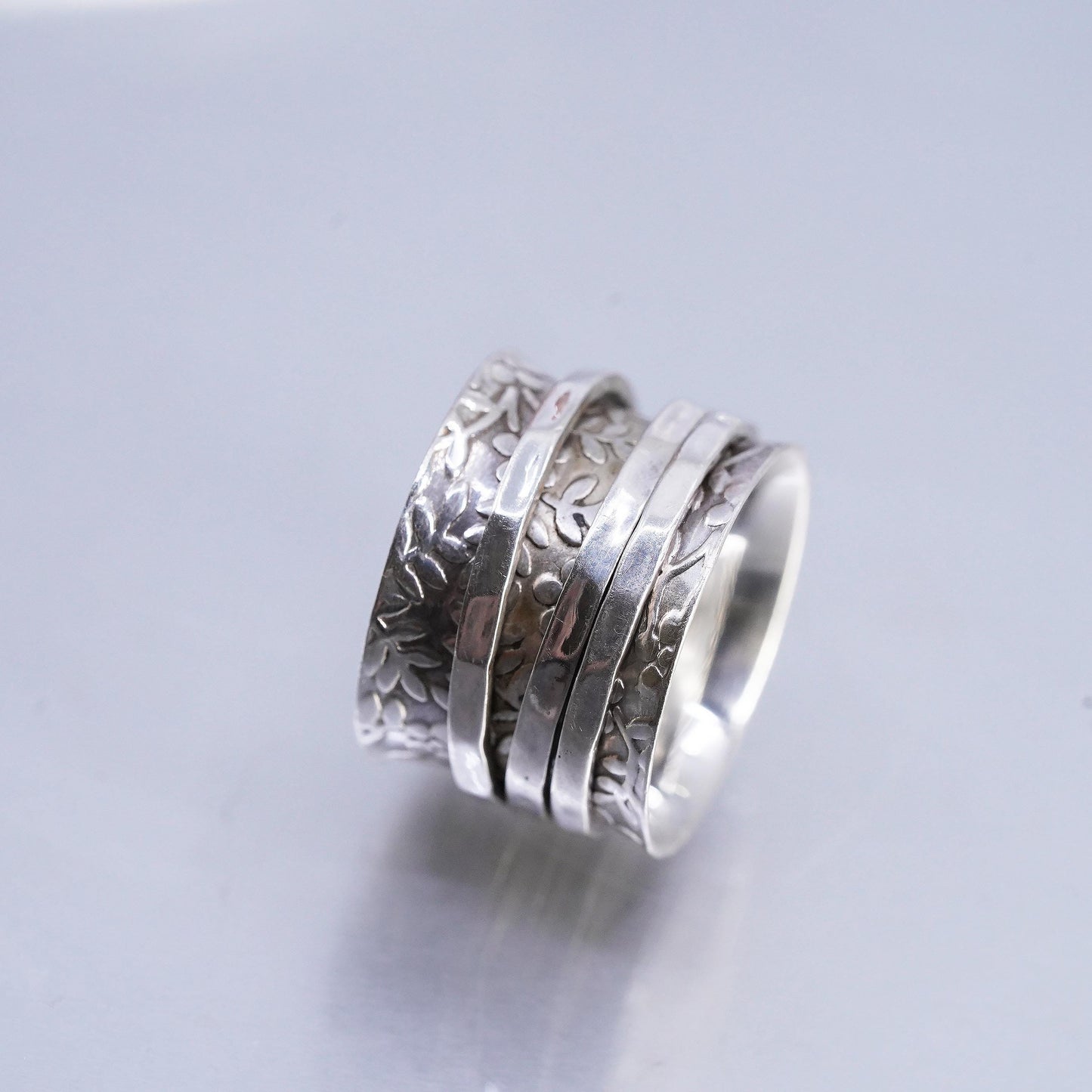 Size 7, 925 Sterling Silver Spinner Ring Wide Band Meditation Boho Swivel Band