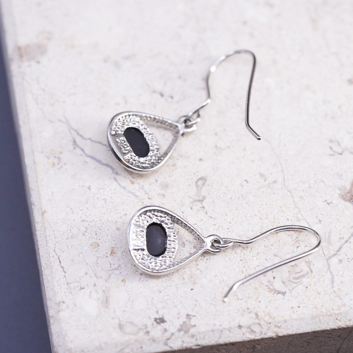 Vintage Sterling silver handmade earrings, 925 oval drops with fire opal