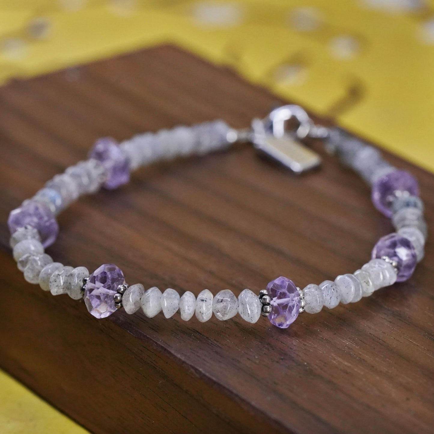 6.75", Baroni Sterling silver bracelet, moonstone amethyst beads chain