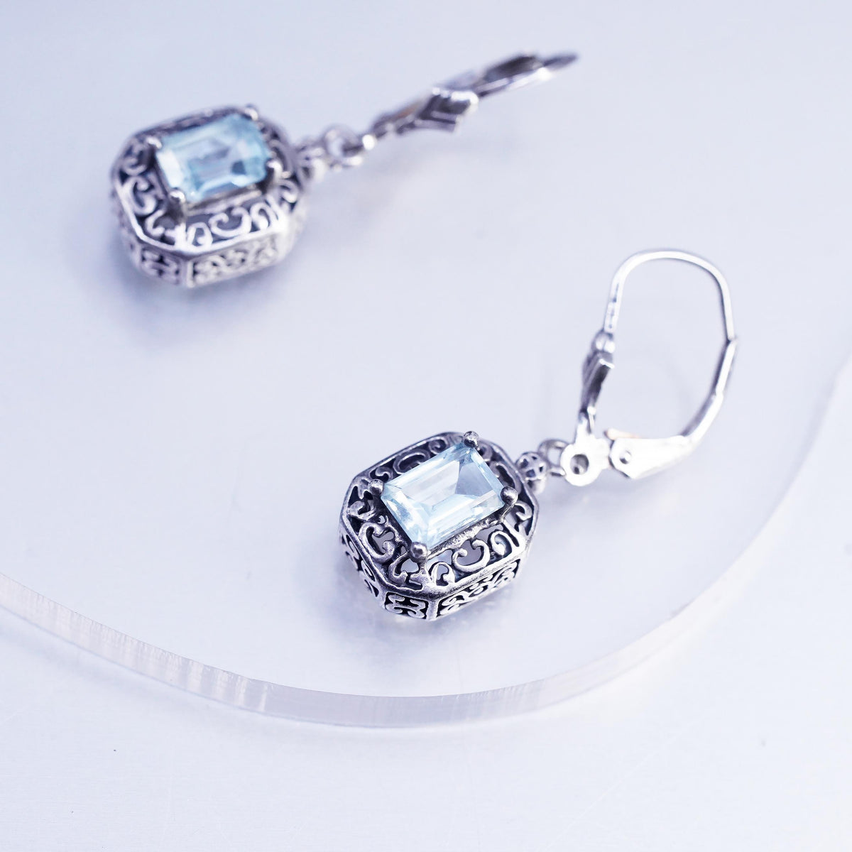 Sterling Silver Blue Topaz Earrings 925 Ornate Dangle Leverback Earrings