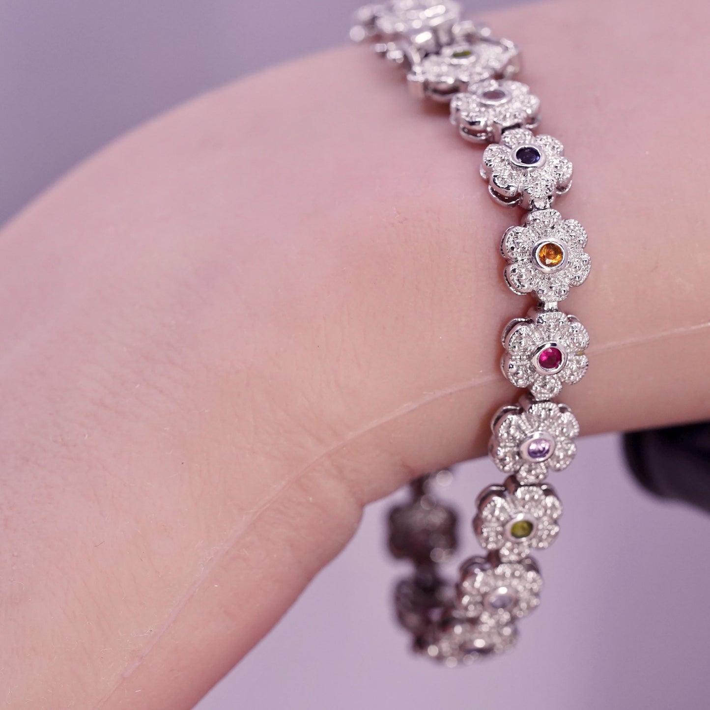 6.75”, vintage sterling 925 silver tennis bracelet with cluster cz flower