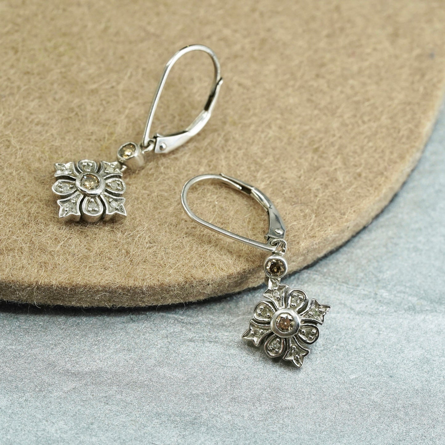 Vintage Sterling 925 silver handmade earrings with cluster diamond details